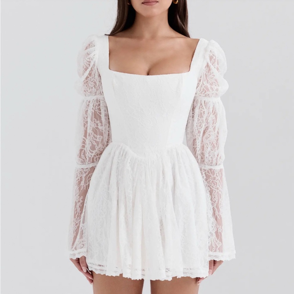 'Sancia' White Lace Puff Sleeve Mini Dress
